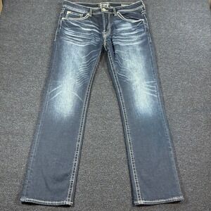 Salvage Supply Co Mayhem Straight Jeans Men 36R Dark Wash Distressed Buckle BKE